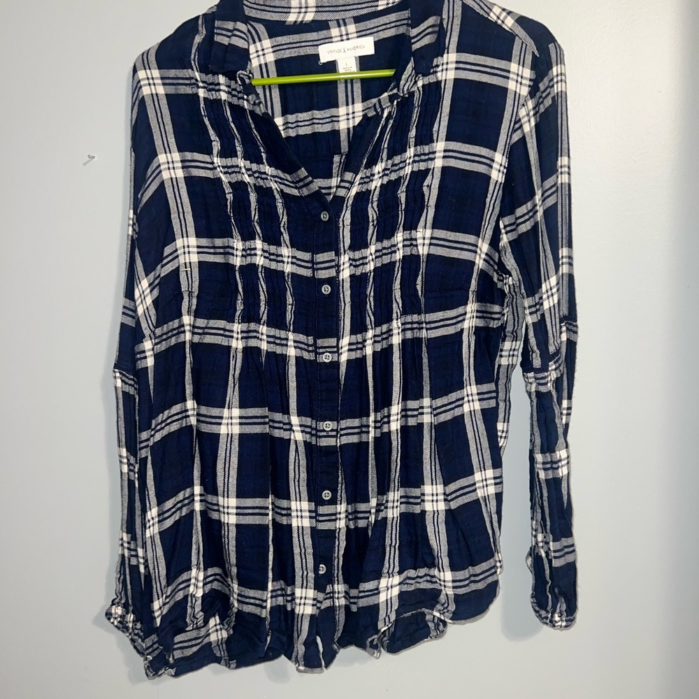 Navy Plaid Button-Up Peplum Shirt